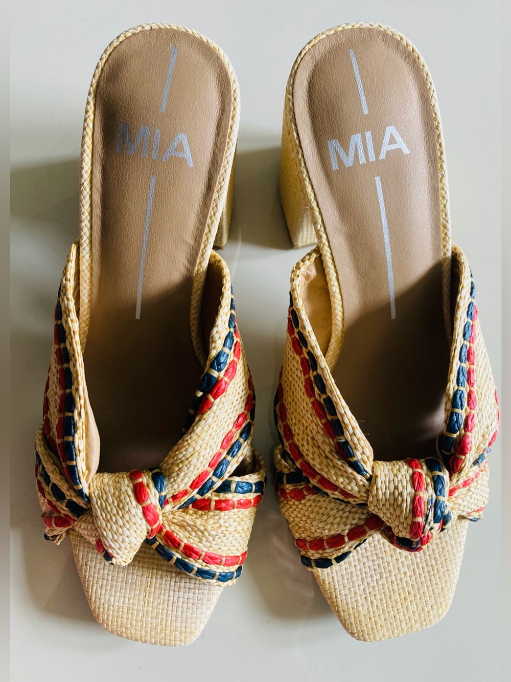 MIA Trendy Sandals in Natural Raffia Knot Mules with Red & Navy Trim.5.New.